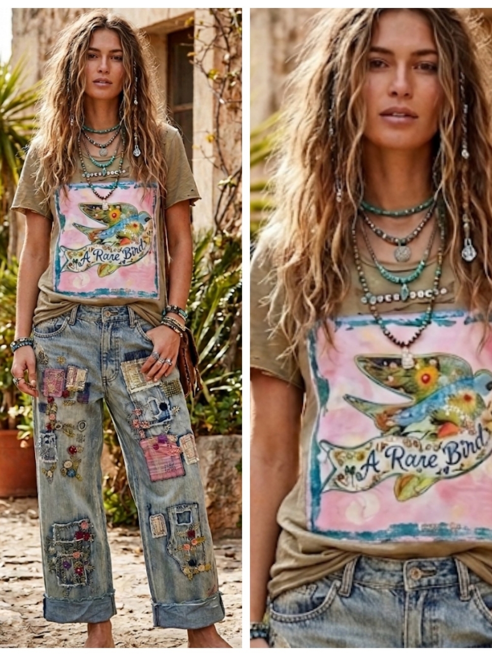 Graphic Short Sleeve Tee with 'A Rare Bird' Print - Olive